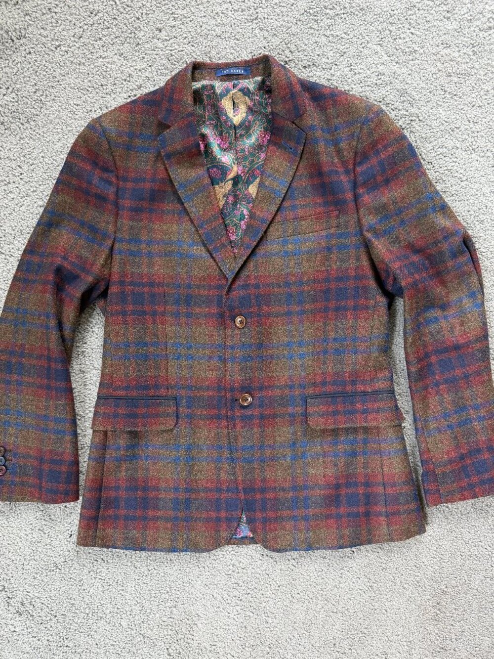 Ted Baker Tight Lines Plaid Sport Coat Blazer 40R Wool Brown Blue - EUC